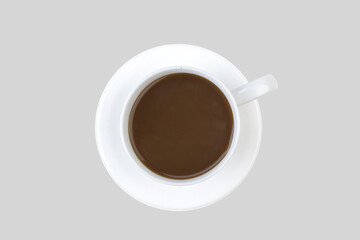 A cup of ground coffee isolated on a gray background. top view.