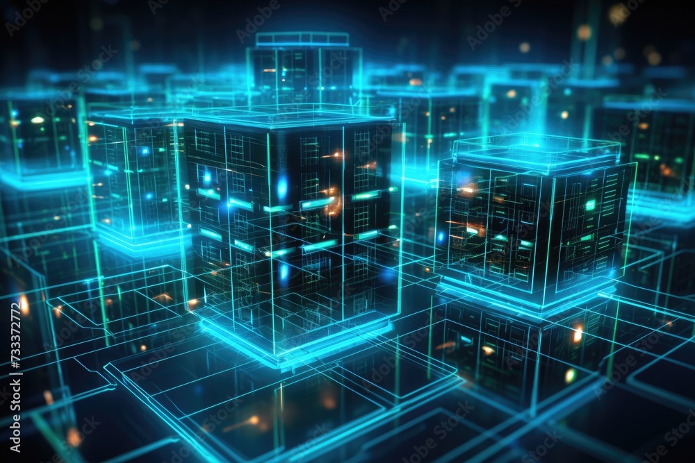 Poster a glowing network of connections in data center data storage, data center and network devices in hig
