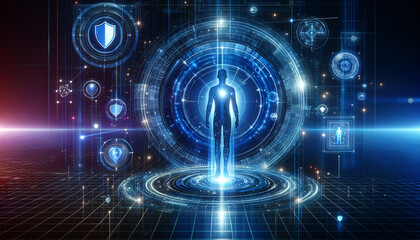 Futuristic energy shield interface with sleek icons on dark background.