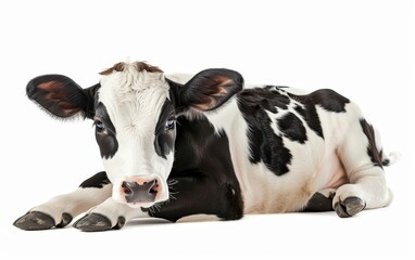 Resting black and white cow looking directly at the camera with a calm expression, on a white background.
