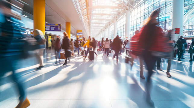 Commuters silhouettes in subway station, train station or airport. Rush Hour in public transport with abstract colorful light trails