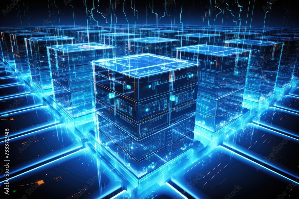Poster a glowing network of connections in data center data storage, data center and network devices in hig