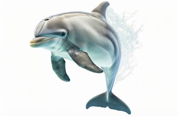 Dolphin leaping out of the water with a splash, displaying agility and freedom in a dynamic pose.