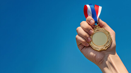 Victory at hand, a gold medal triumphantly displayed against a clear blue sky