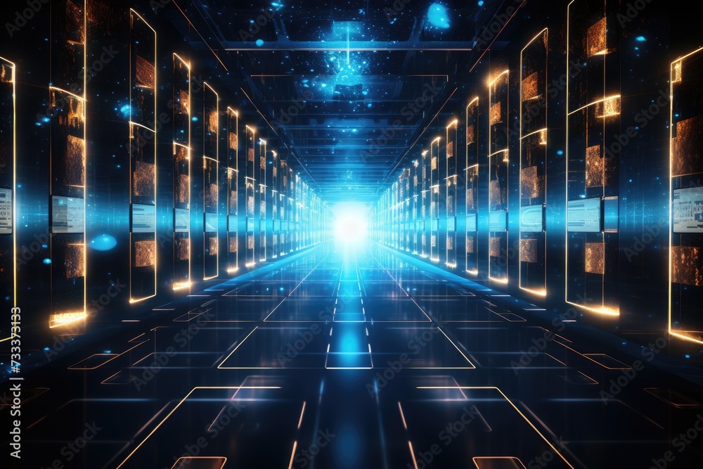 Poster a glowing network of connections in data center data storage, data server room. data server interior