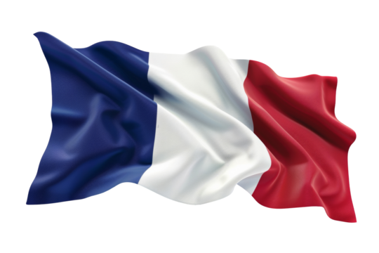 Majestic French flag waving against a pure white background, symbol of national pride