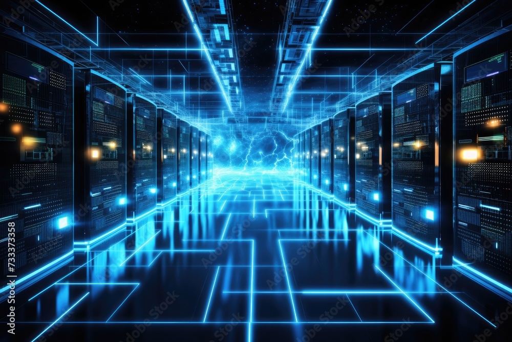 Poster a glowing network of connections in data center data storage, data server room. data server interior