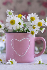 Bouquet of daisies in cup with heart