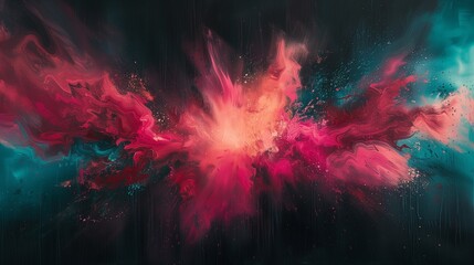 A vibrant burst of electric magenta and cosmic teal merging seamlessly, creating a dynamic and energetic abstract display on a canvas painted in deep ink black. 