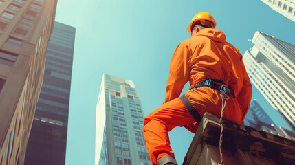 Construction worker in orange safety gear standing above the city skyline on a sunny day.