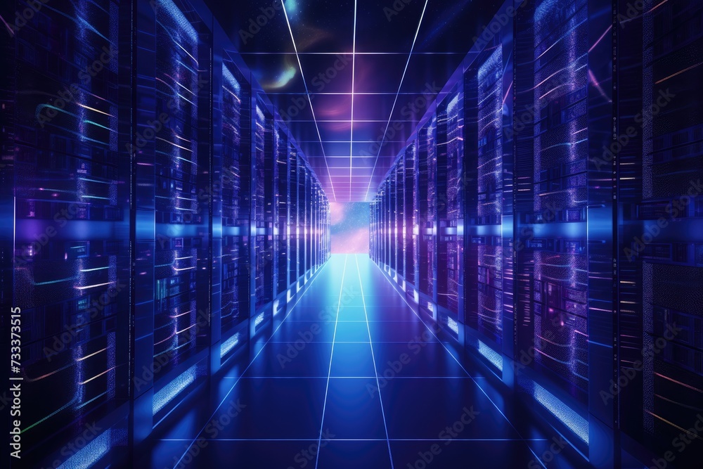 Poster a glowing network of connections in data center data storage, data center and network devices in hig