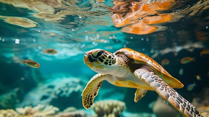 Naklejka na ściany i meble Turtle animal swim under water in sea ocean water wallpaper background
