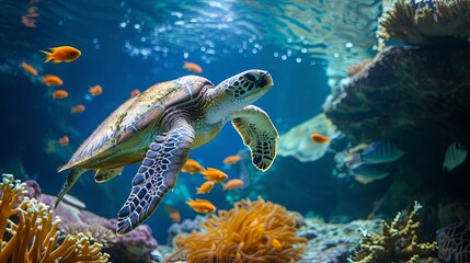 Fototapeta na wymiar Turtle animal swim under water in sea ocean water wallpaper background