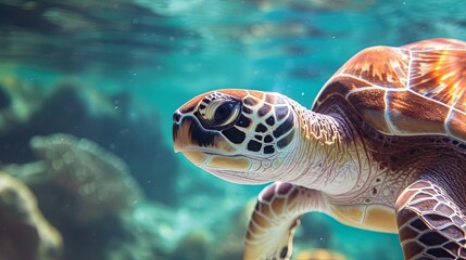 Fototapeta premium Turtle animal swim under water in sea ocean water wallpaper background