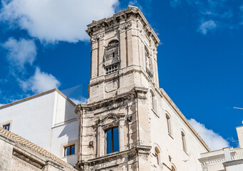 Obraz premium Bell tower of the Church of Santa Chiara (Saint Clare) located in the old town of Bari, Puglia region, southern Italy, Europe