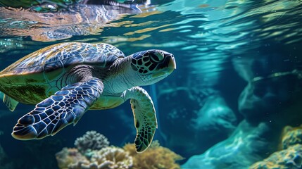 Fototapeta premium Turtle animal swim under water in sea ocean water wallpaper background