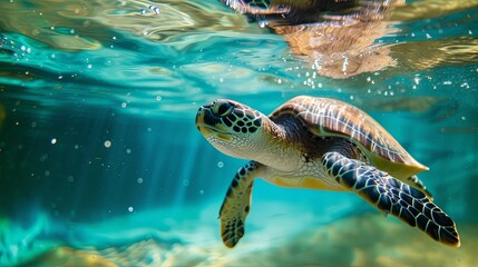 Turtle animal swim under water in sea ocean water wallpaper background