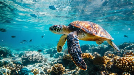 Obraz premium Turtle animal swim under water in sea ocean water wallpaper background