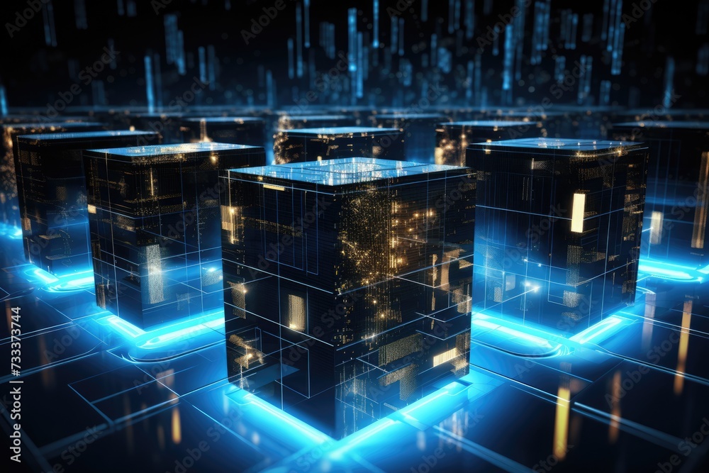 Poster a glowing network of connections in data center data storage, a modern data center featuring multipl