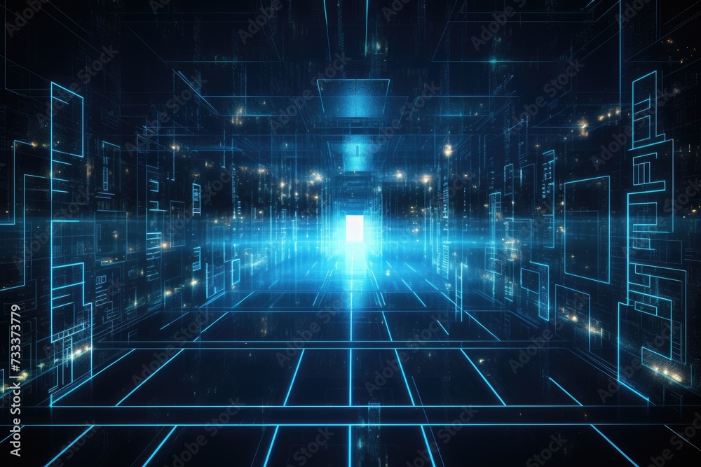 Poster a glowing network of connections in data center data storage, a modern data center featuring multipl