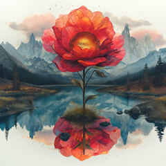 A stunning digital art piece where a vibrant red flower blooms majestically against a backdrop of misty mountains and a reflective lake
