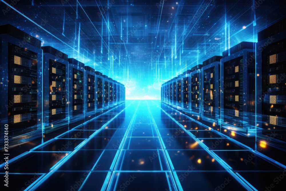 Poster a glowing network of connections in data center data storage, depict a state of the art data center 