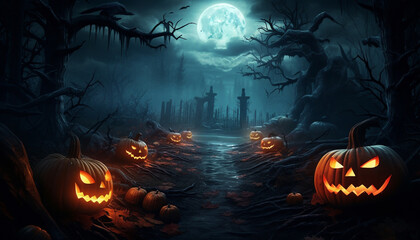 Fototapeta na wymiar Halloween background with hounted house and pumpkins