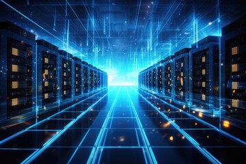 A glowing Network of connections in data center data storage, Depict a state of the art data center with rows of server racks - obrazy, fototapety, plakaty