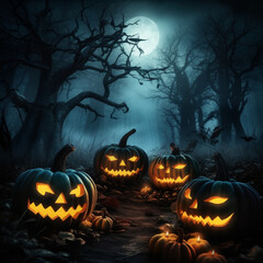 Halloween background with hounted house and pumpkins