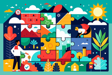 Obraz premium Hands-on activity that fosters creativity and relaxation by creating unique works of art using puzzle pieces. Reflects imagination. Generative AI.