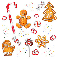 Set of Christmas candies and gingerbread cookies using sketch technique