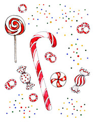 Raster clipart with colored isolated Christmas candies