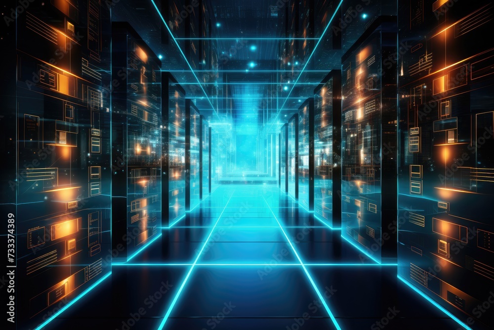 Poster a glowing network of connections in data center data storage, depict a state of the art data center 