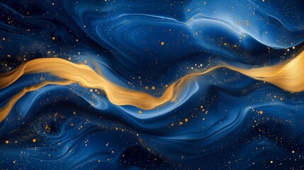 Celestial ribbons of sapphire blue and molten gold entwining in an intricate dance, creating a captivating and cosmic abstract artwork.  - obrazy, fototapety, plakaty
