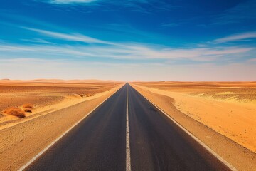 Endless road in desert landscape, concept of travel and adventure in vast open spaces, journey through wilderness - obrazy, fototapety, plakaty