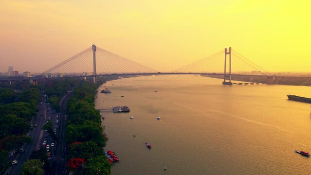 Vidyasagar Setu bridge over Hooghly River in Kolkata, West Bengal, India, Aerial Drone View