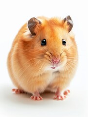 Close-up of a golden hamster with shiny eyes, showcasing its fluffy fur on a white background.