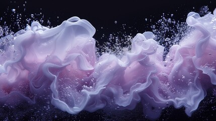 Delicate tendrils of pearl white and celestial lavender cascading in water, forming an enchanting and dreamy abstract composition against a backdrop of profound black.  - obrazy, fototapety, plakaty
