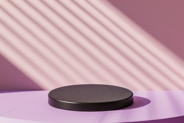 Obraz na płótnie Canvas Sleek black podium on a white and purple striped surface, offering a modern and sophisticated stage for product presentation