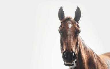 Portrait of a dark horse with a sleek coat and attentive expression, isolated on a white background.