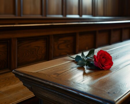 Solitary Red Rose on Wooden Court Bench - A Symbolic Conceptual Image Reflecting Solitude and Justice