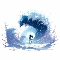 Majestic Horse Emerging from Ocean Wave with Silhouette of Woman