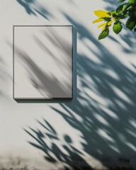 Tranquil outdoor mockup scene with a white frame on a textured wall and natural shadows