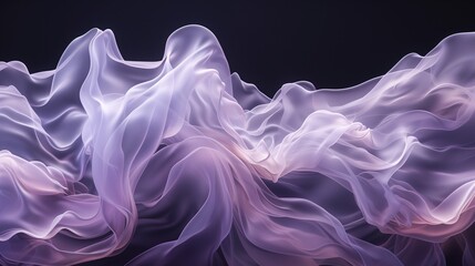 Delicate wisps of celestial lavender and pearl white intertwining, creating an ethereal and dreamy abstract composition against a backdrop of profound black. 