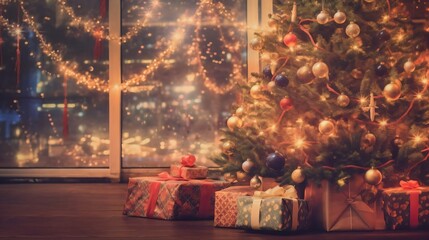 Obraz premium Warm, festive Christmas tree with presents under it, glowing city lights through window. Perfect for holiday cards, marketing, and social media.