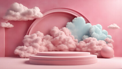 background podium arch pink sky platform display cloud pastel scene render stand.
