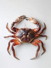 A vivid red crab with claws open wide, presented on a white backdrop.
