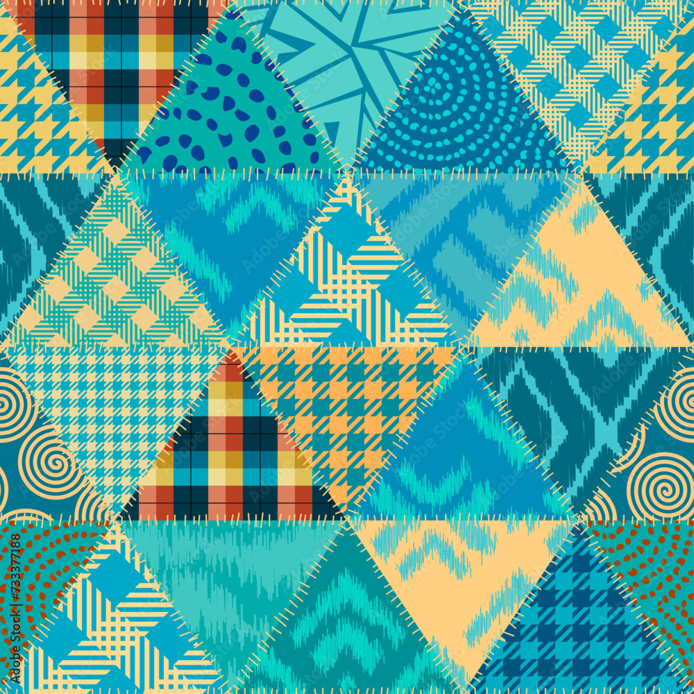 Poster Quilting design patchwork pattern with teal colours. Vector pattern.