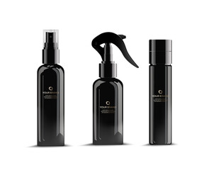 Simple Blank Black Plastic Cosmetic Bottles with logo Set. Vector illustration