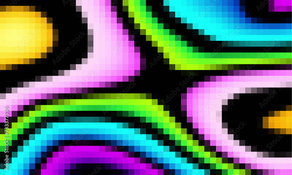 Poster trippy psychedelic colorful neon geometric shapes abstract background, pixelated vector pattern